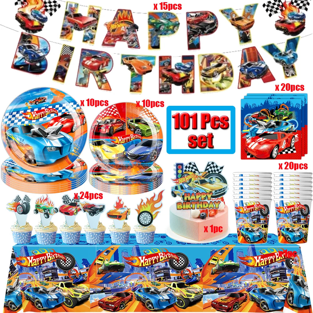 Boys Favor Birthday Backdrop Decoration Kids Hot Wheels Baby Shower Balloons Paper Tableware Cartoon Race Car Party Supplies