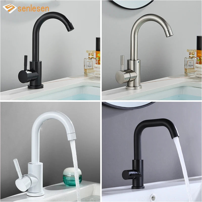 Bathroom Basin Faucet 304 Stainless Steel Hot Cold Wash Mixer Crane Tap 360 Rotation Sink Faucets Single Handle,Black/ White