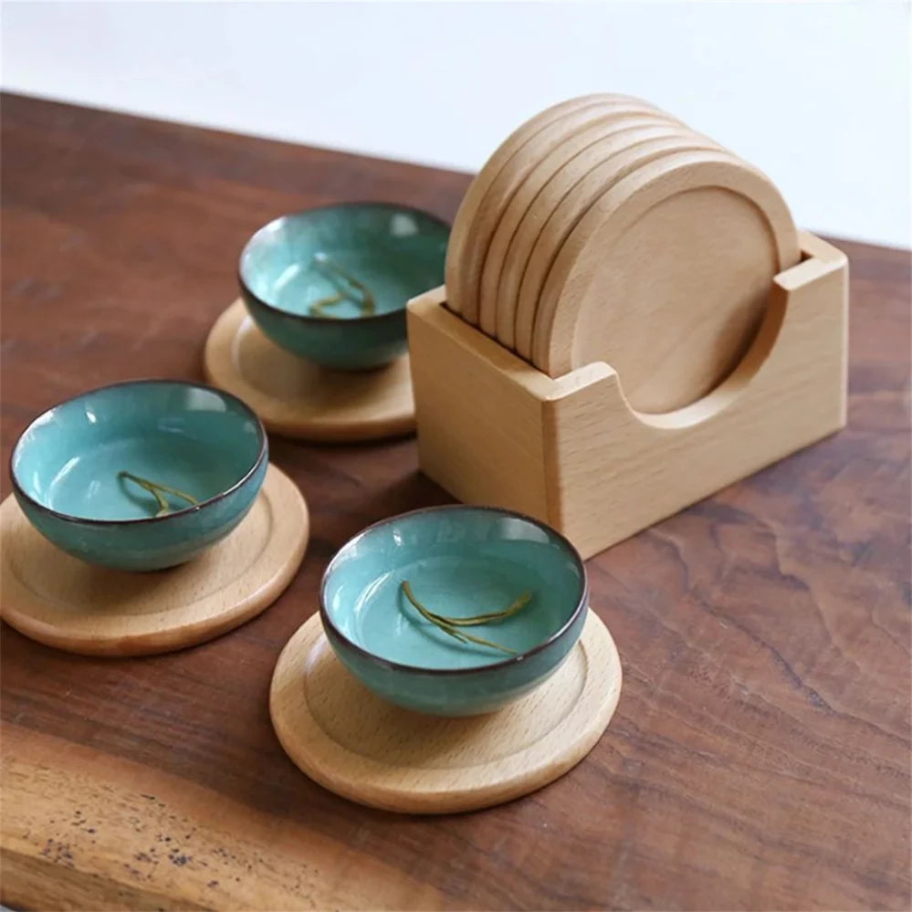 6pcs/set  Walnut Wood Coasters Placemats Decorative Round Insulated Japanese Beverage Coasters Home Decor