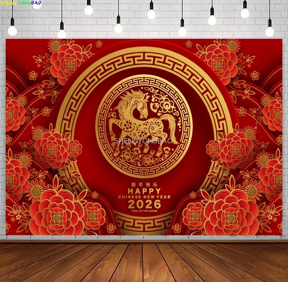 2026 Happy New Year Party Decor Background Chinese Style Spring Festival Red Flower Horse Lantern Family Party Backdrop CN-12