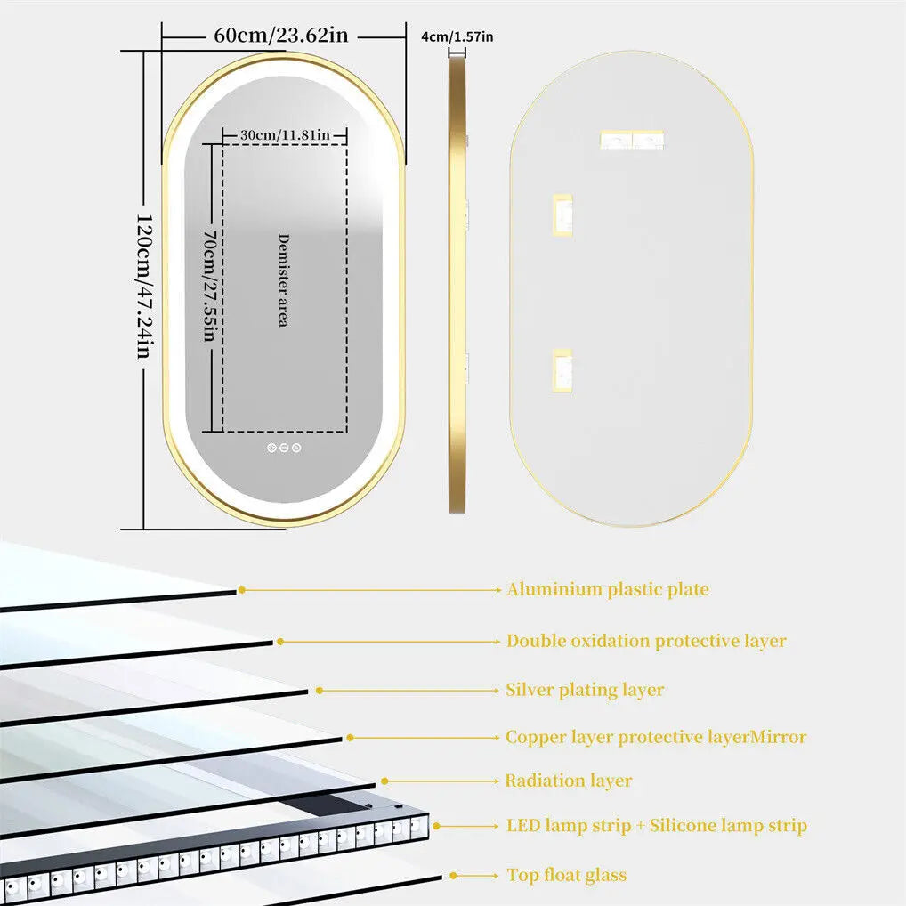LED Bathroom Mirror Oval Illuminated Wall Mirror Aluminum Gold Frame Memory Anti-fog 3 Changeable Color, IP56 800/1000/1200MM