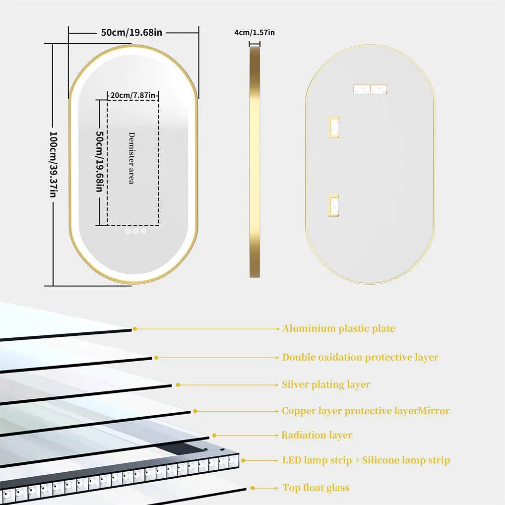 LED Bathroom Mirror Oval Illuminated Wall Mirror Aluminum Gold Frame Memory Anti-fog 3 Changeable Color, IP56 800/1000/1200MM