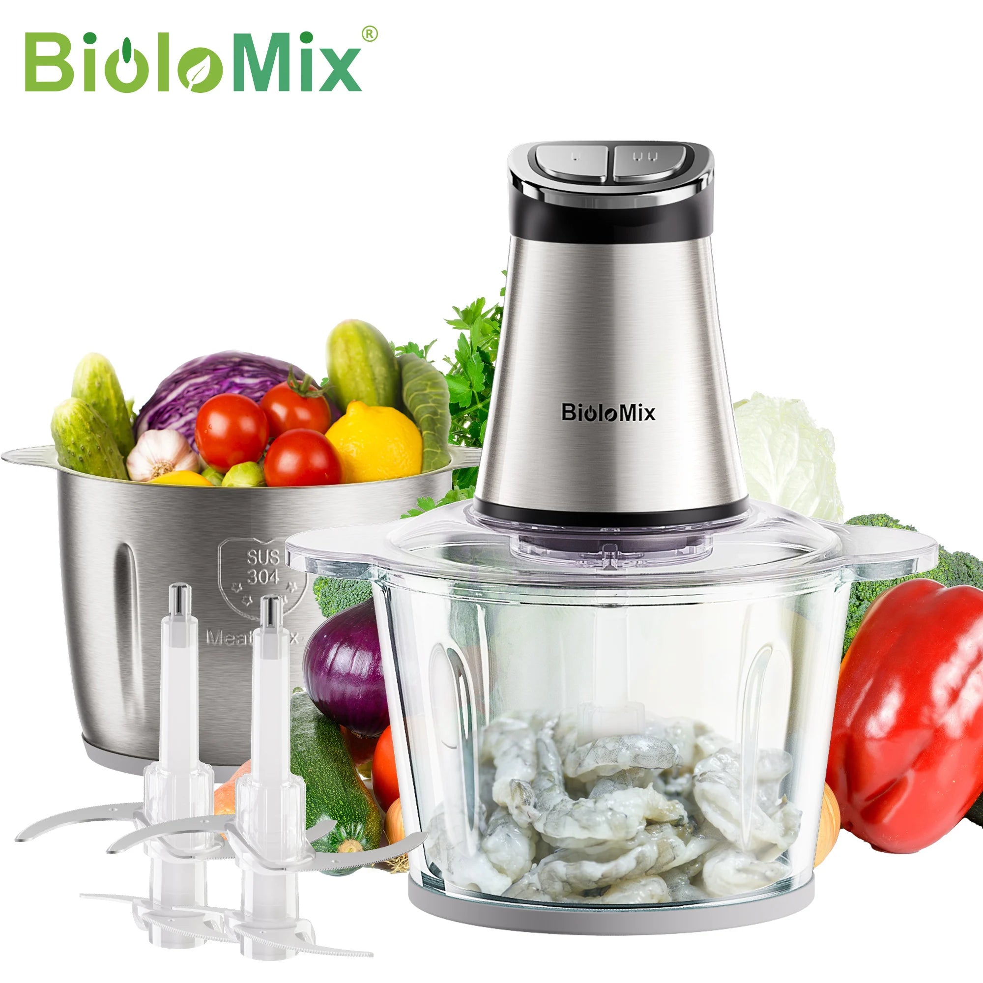 BioloMix Mini Electric Food Chopper 300W with 2 Bowls And 4 Bi-Level Blades for Baby Food Meat, Onion Processing
