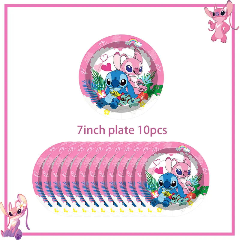 Stitch Birthday Party Decoration Pink Theme Paper Napkins Plates Cups Tableware Set Background Party Decoration Supplies For Kid