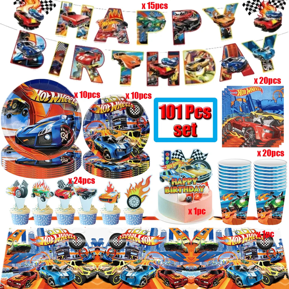 Boys Favor Birthday Backdrop Decoration Kids Hot Wheels Baby Shower Balloons Paper Tableware Cartoon Race Car Party Supplies