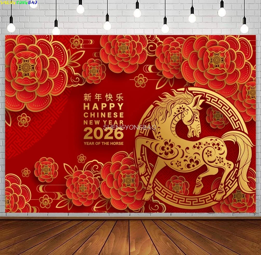 2026 Happy New Year Party Decor Background Chinese Style Spring Festival Red Flower Horse Lantern Family Party Backdrop CN-12
